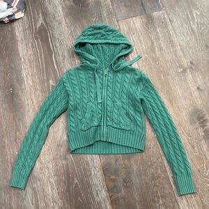 American Eagle Cropped Cable Knit Zip-Up Sweater